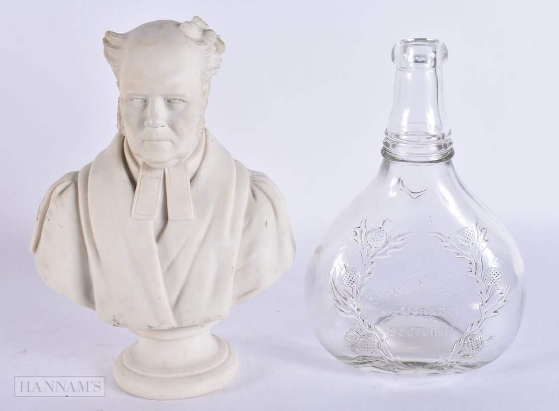 AN UNUSUAL SCOTTISH KILMARNOCK WHISKEY FLAGON together with a Parian bust. Largest 24 cm x 14cm. (2): AN UNUSUAL SCOTTISH KILMARNOCK WHISKEY FLAGON together with a Parian bust. Largest 24 cm x 14cm. (2)