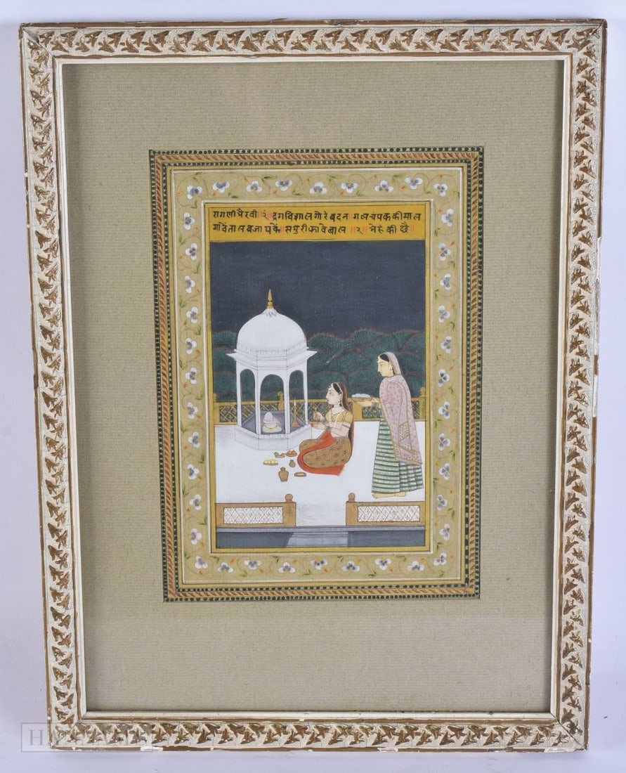 Indian School (19th Century) Painting, The composition centres on a female devotee seated on a white: Indian School (19th Century) Painting, The composition centres on a female devotee seated on a white marble terrace before a small domed shrine (chhatri) housing a Shiva lingam. She is shown in