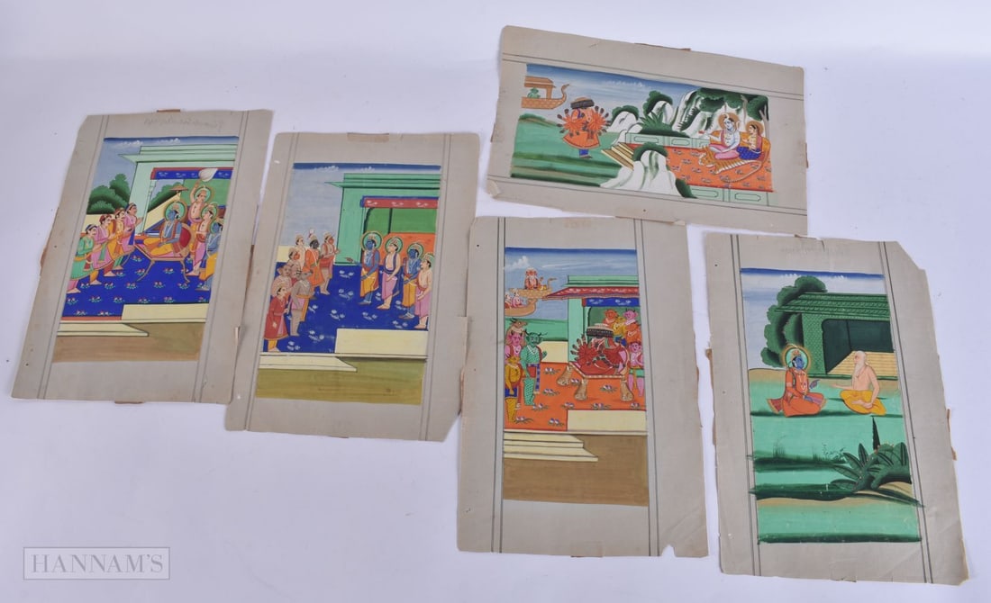 Indian School (Early 20th Century) 5 x Paintings, illustrations of the Ramayana, Gouaches on a sheet: Indian School (Early 20th Century) 5 x Paintings, illustrations of the Ramayana, Gouaches on a sheet of fine paper album, the paint framed on both sides of four vertical lines with black ink, and the