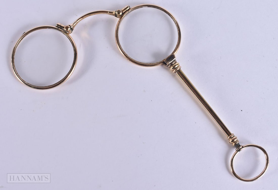 A PAIR YELLOW METAL LORGNETTES. 11.5 cm x 8 cm.: A PAIR YELLOW METAL LORGNETTES. 11.5 cm x 8 cm.