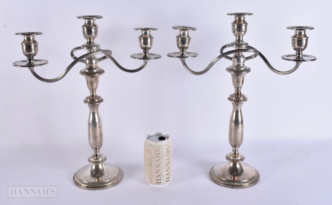 A LARGE PAIR OF SILVER TWIN HANDLED CANDELABRA. 2400 grams overall. 38 cm x 28cm.: A LARGE PAIR OF SILVER TWIN HANDLED CANDELABRA. 2400 grams overall. 38 cm x 28cm.