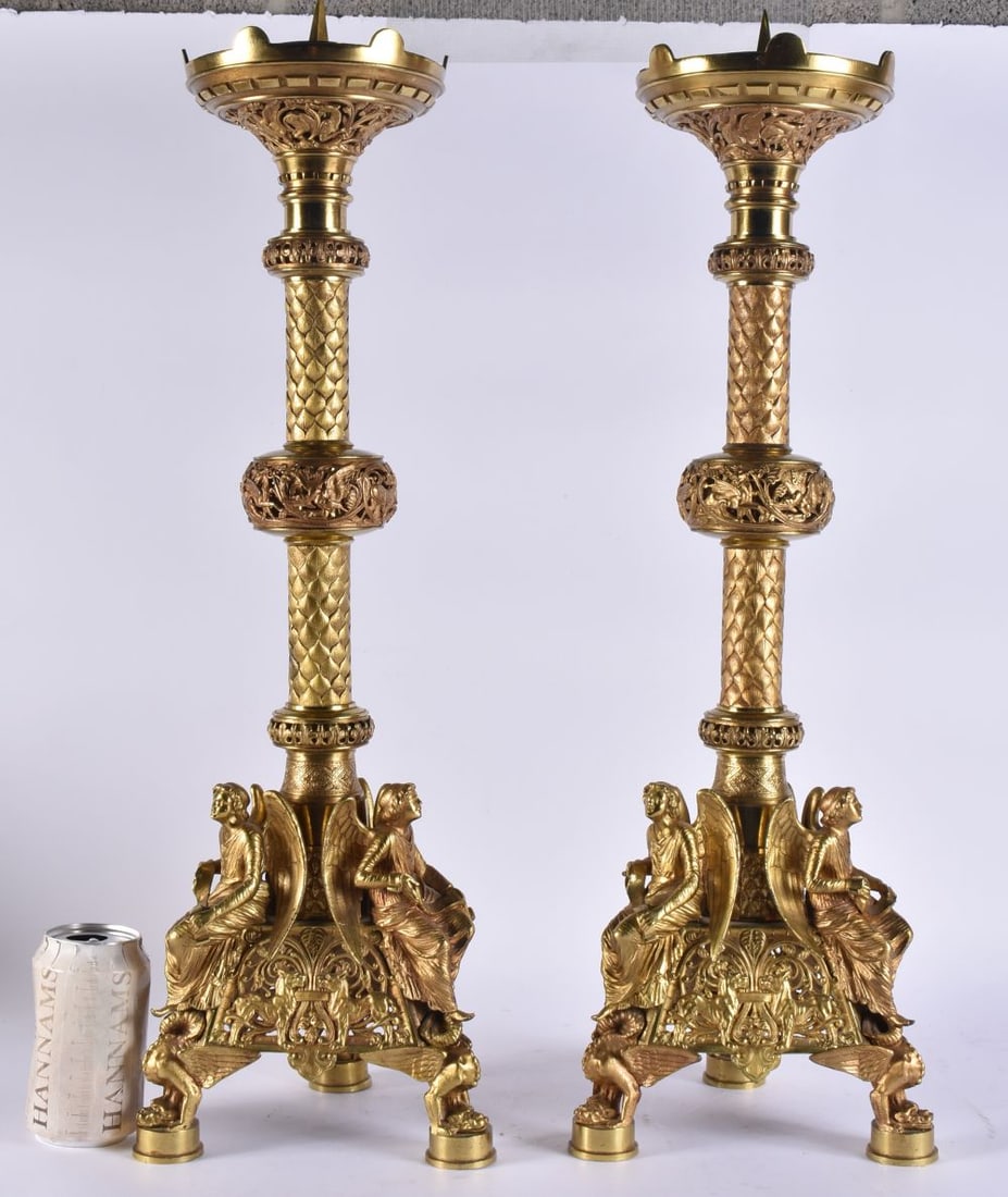 A FINE PAIR OF 19TH CENTURY FRENCH GOTHIC REVIVAL GILT BRONZE CANDLE STANDS Attributed to Eugene Emm (1 of 17)