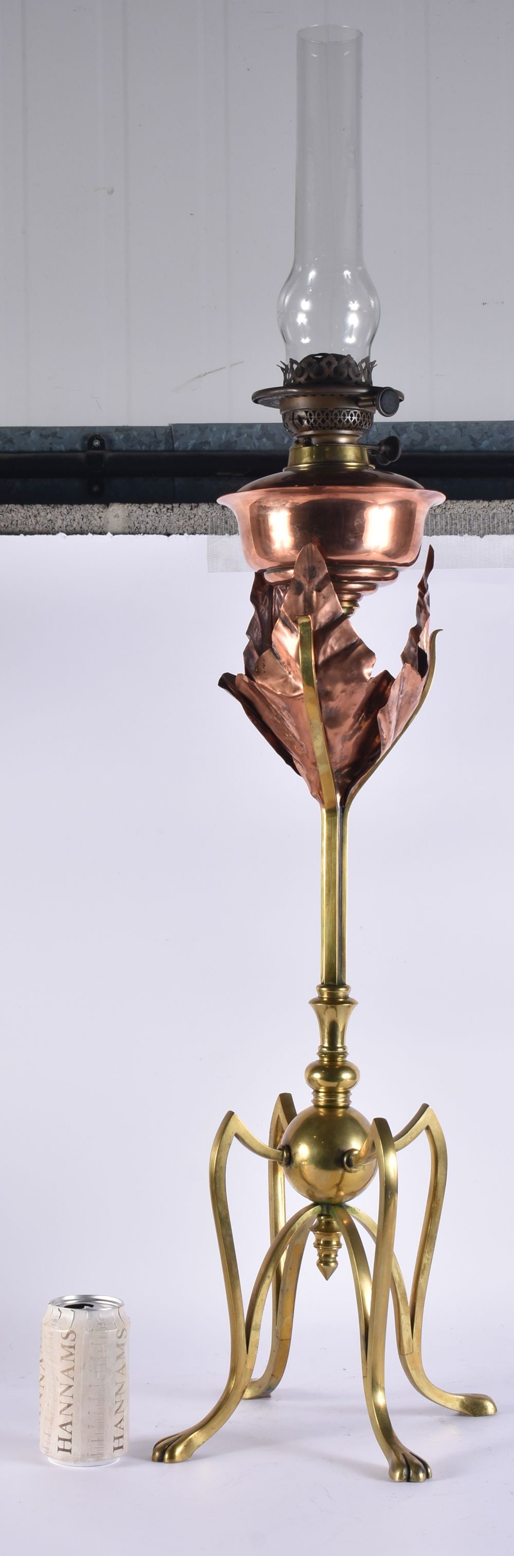 A RARE MONUMENTAL ARTS AND CRAFTS COPPER AND BRONZE OIL LAMP by Benson. 80 cm x 22 cm not inc funnel (1 of 8)