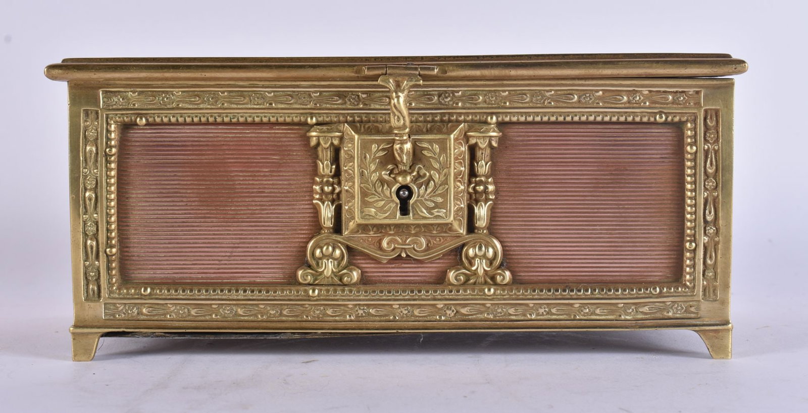 A 19TH CENTURY FRENCH EMPIRE BRONZE AND COPPER JEWELLERY CASKET formed with opposing griffin birds. (1 of 6)