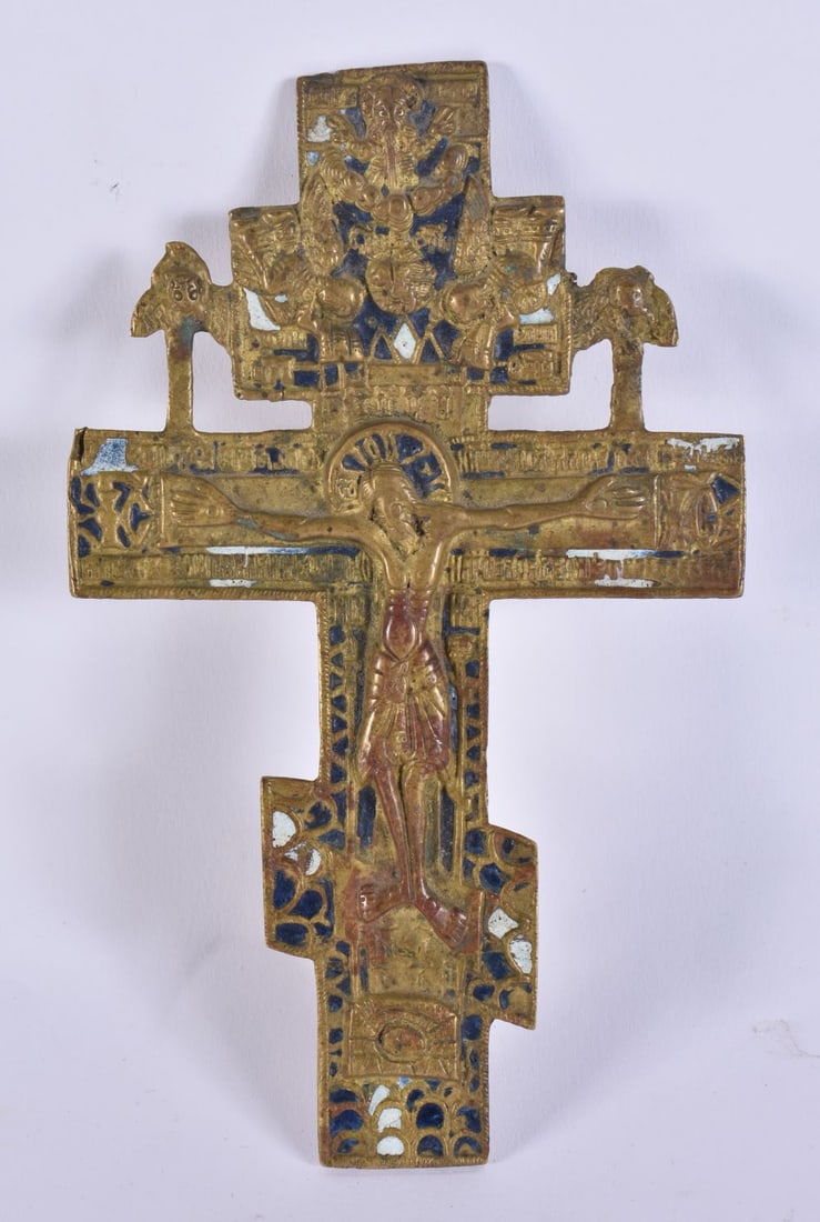 AN 18TH CENTURY RUSSIAN ENAMELLED GILT BRONZE CRUCIFIX with inscription to the reverse. 16 cm x 10 c (1 of 4)