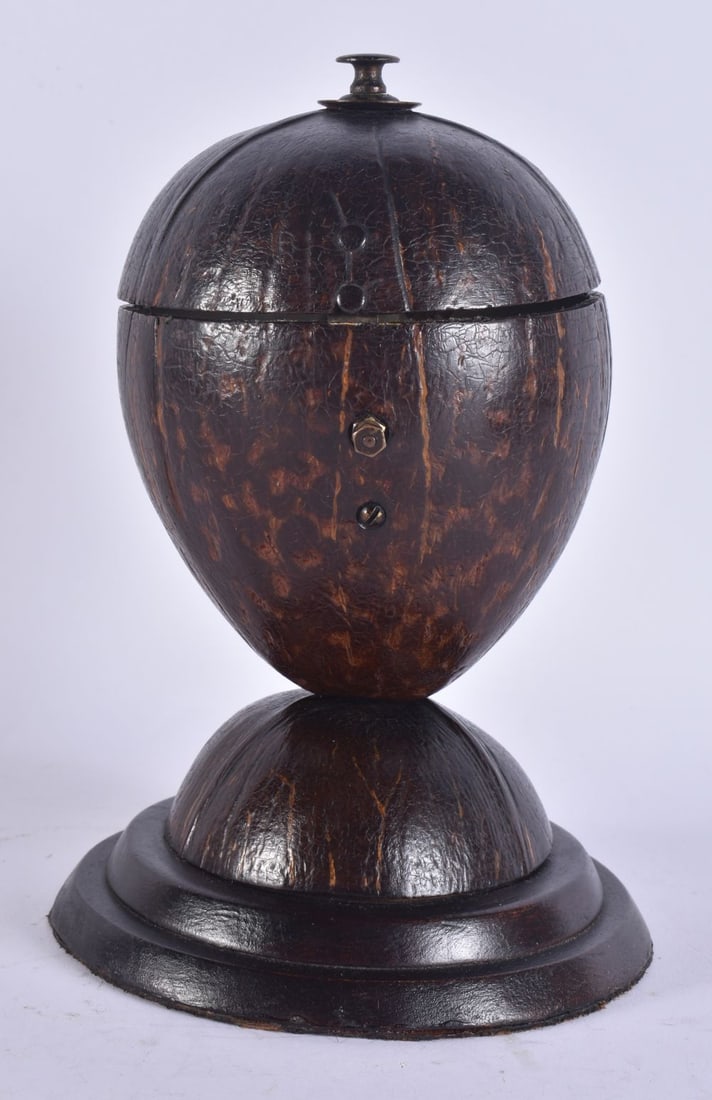 AN UNUSUAL VICTORIAN CARVED COCONUT TEA CADDY. 20 cm high. (1 of 4)