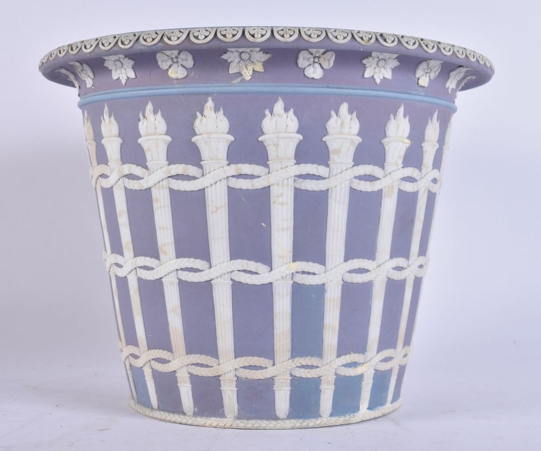 A RARE ANTIQUE WEDGWOOD LAVENDER PURPLE JASPERWARE PLANTER decorated with flaming columns. 19 cm x 1 (1 of 4)