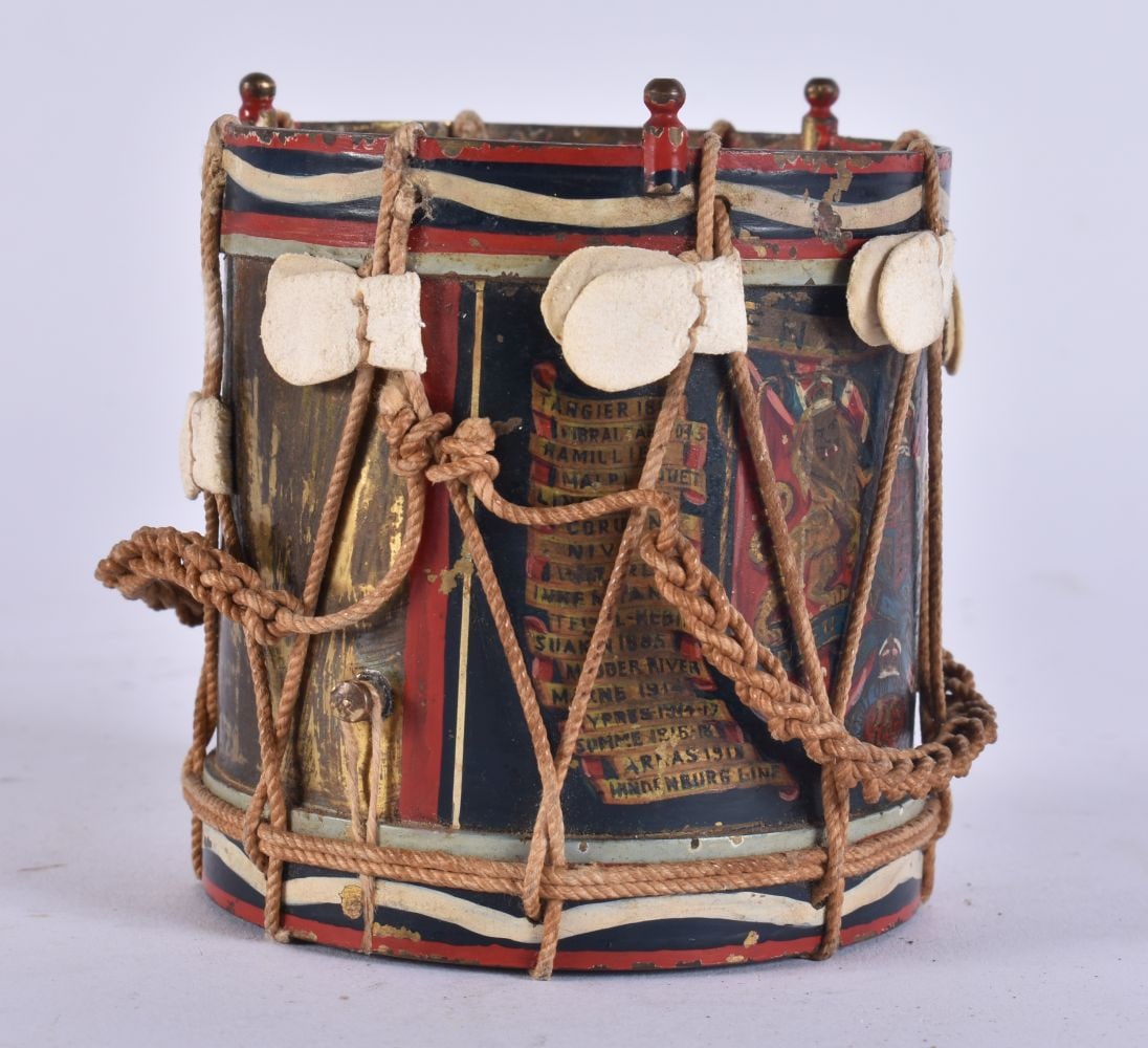 AN UNUSUAL ANTIQUE MILITARY INTEREST TIN AND WOOD HIDE DRUM Walkers Galleries 118 New Bond Street Lo (1 of 4)