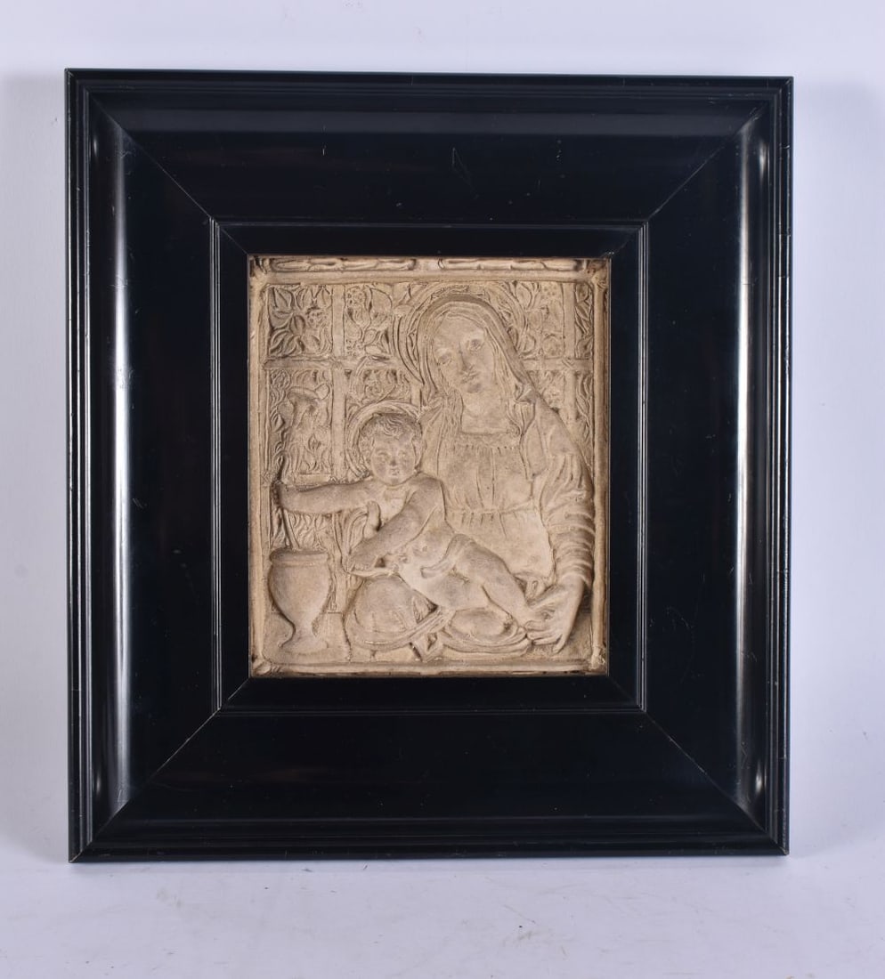 A RARE ARTS AND CRAFTS COMPTON POTTERY PLAQUE. 28 cm x 22 cm, plaque 15 cm x 12 cm.: A RARE ARTS AND CRAFTS COMPTON POTTERY PLAQUE. 28 cm x 22 cm, plaque 15 cm x 12 cm.