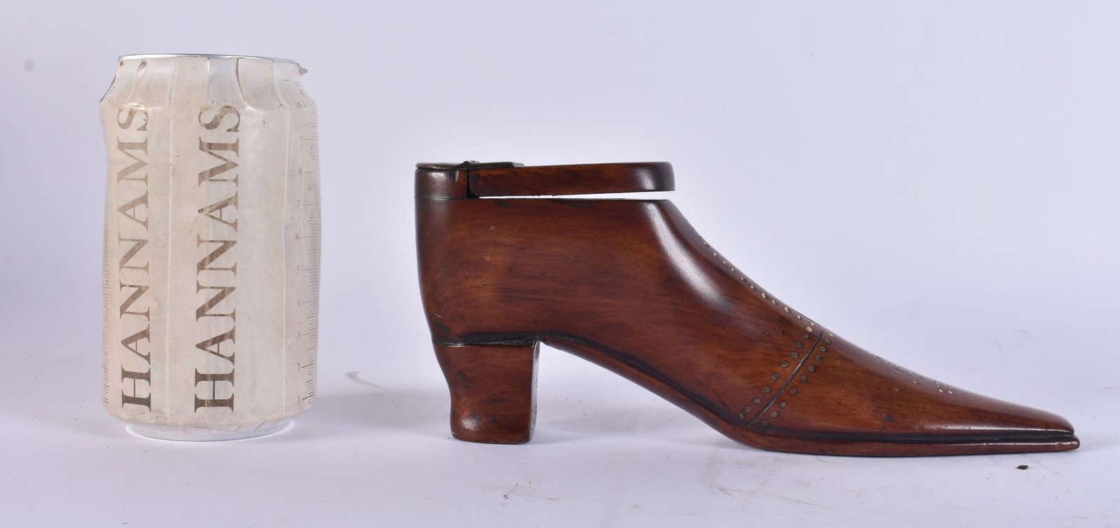 A FINE GEORGE III MAHOGANY PIQUE WORK INLAID TREEN TABLE SNUFF BOX formed as a shoe. 20 cm x 9 cm. (1 of 5)