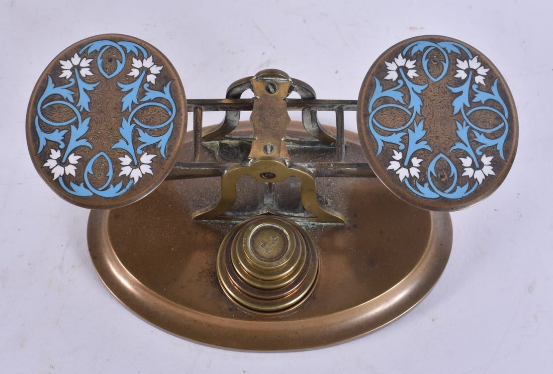 AN ANTIQUE FRENCH CHAMPLEVE ENAMEL BRONZE SCALES. 17.25 cm wide. (1 of 5)