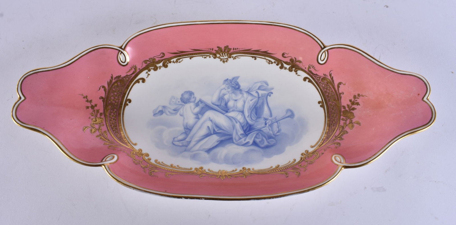 A 19TH CENTURY FRENCH SEVRES STYLE PORCELAIN ROSE POMPADOUR DISH painted in light blue classical pan (1 of 3)