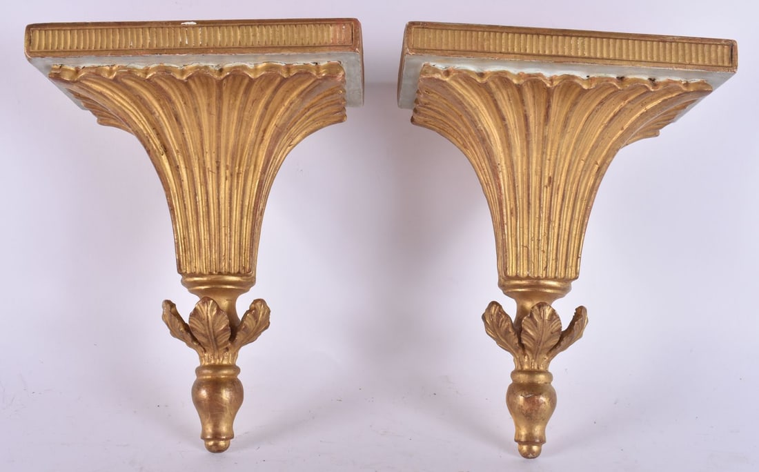 A PAIR OF CONTINENTAL GILTWOOD PAINTED COUNTRY HOUSE DISPLAY SHELVES. 24 cm x 15 cm. (1 of 3)