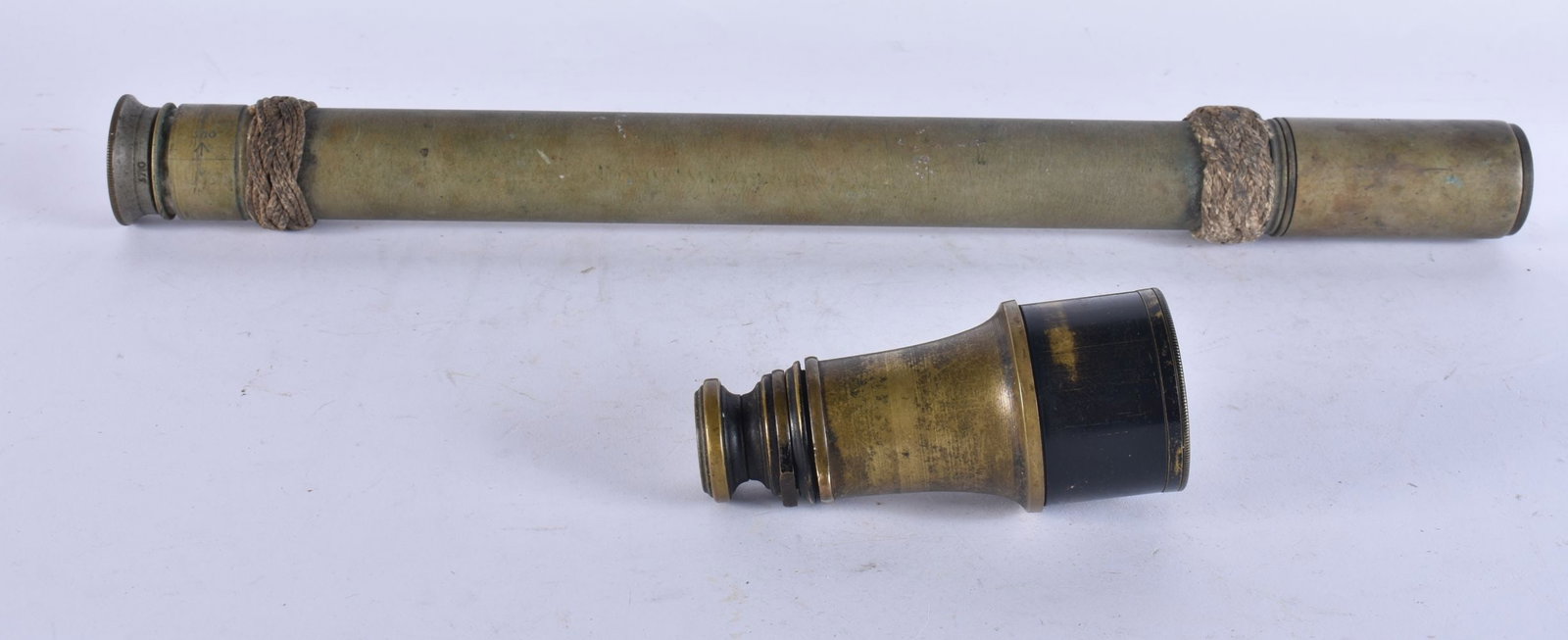 TWO MILITARY BROAD ARROW NAVAL TELESCOPES. Largest 40 cm long. (2) (1 of 3)