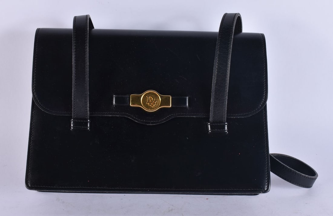 Vintage Christian Dior Black Leather Handbag w/ Gold Tone Hand Bag. 28 cm wide.: Vintage Christian Dior Black Leather Handbag w/ Gold Tone Hand Bag. 28 cm wide.