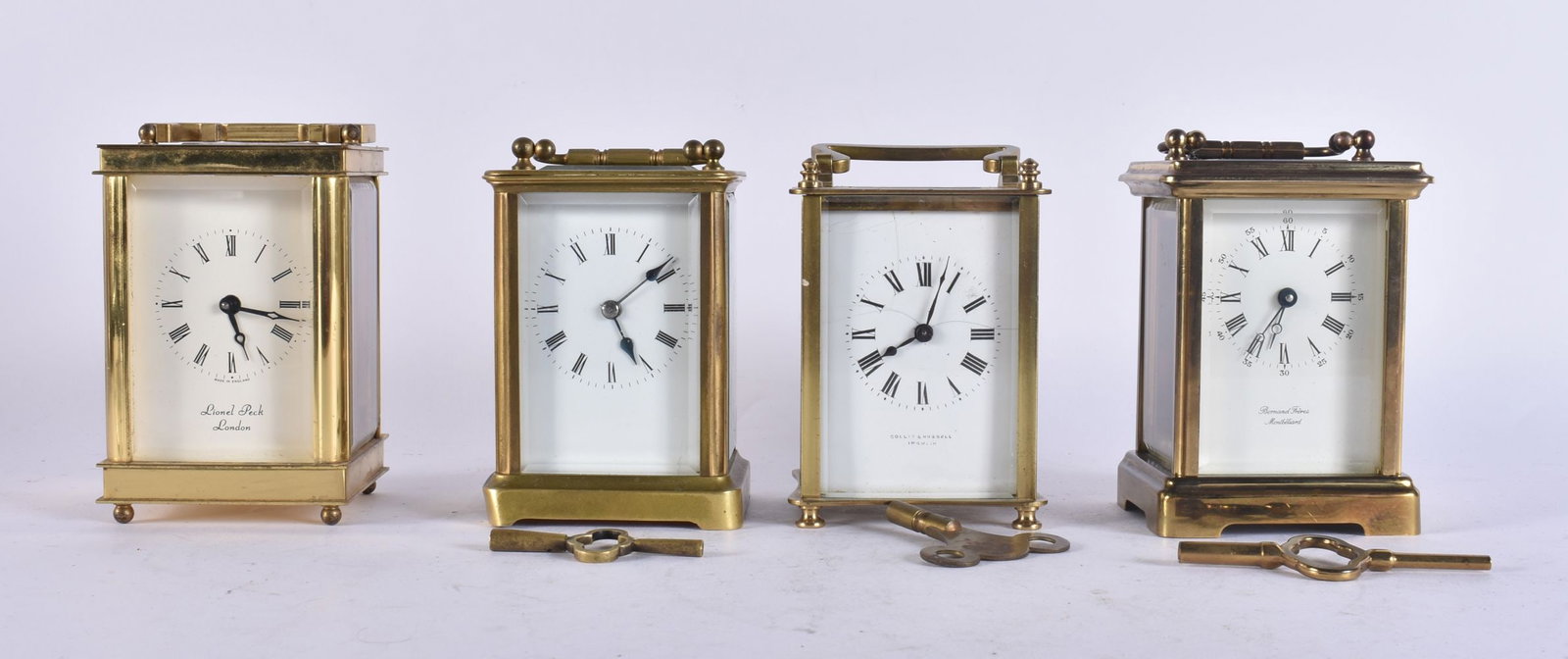 FOUR BRASS CARRIAGE CLOCKS. Three Running. (4) (1 of 6)