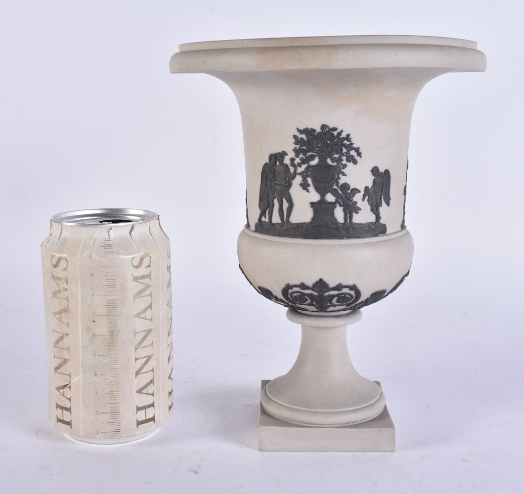 AN EARLY 19TH CENTURY JASPERWARE PEDESTAL VASE decorated with classical figures. 21 cm x 15 cm. (1 of 6)