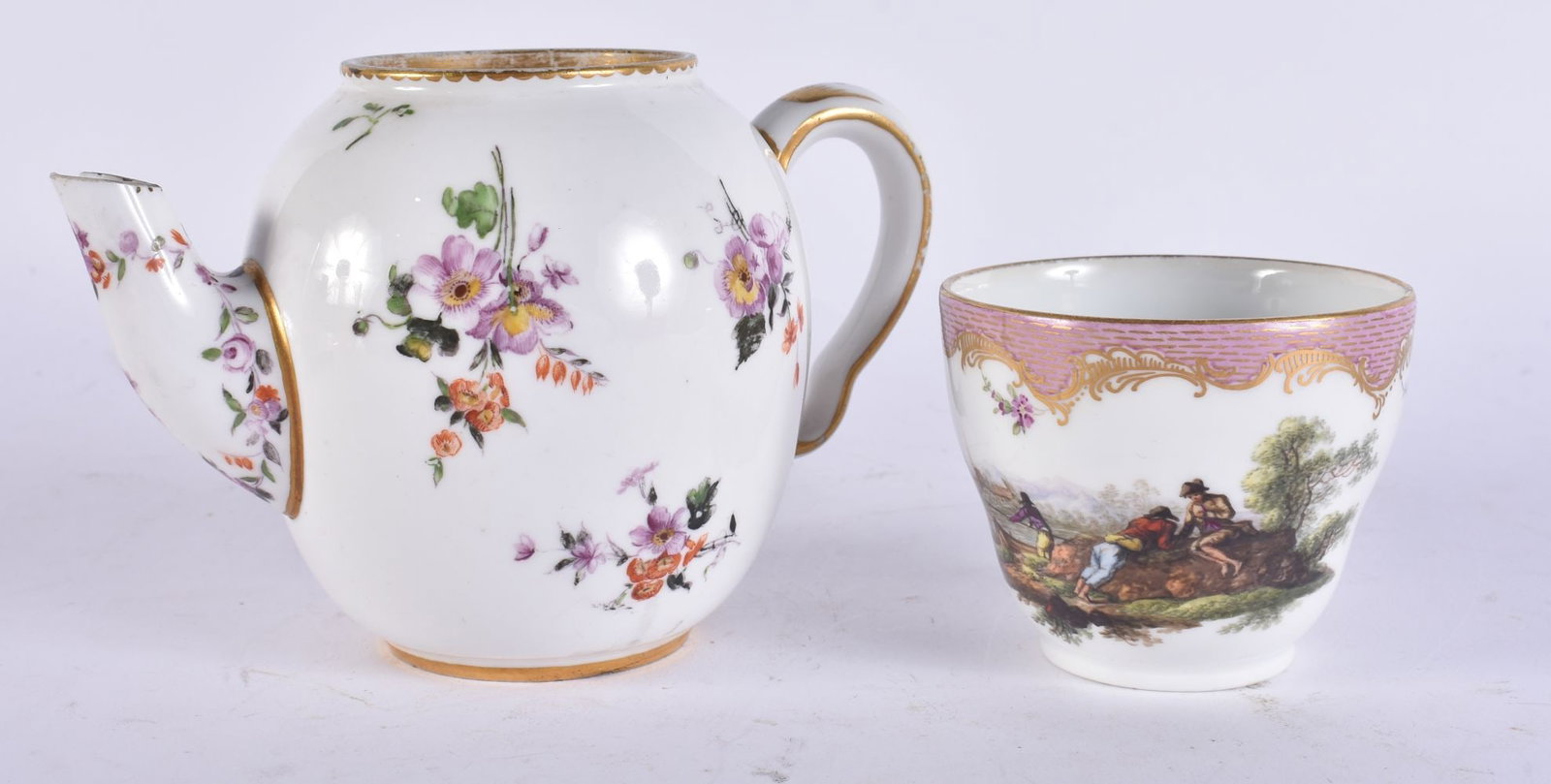 AN 18TH/19TH CENTURY FRENCH SEVRES PORCELAIN TEAPOT together with a Meissen cup. Largest 14 cm wide. (1 of 4)