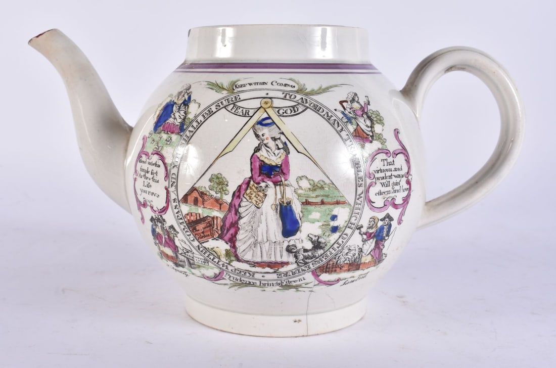 A RARE EARLY 19TH CENTURY ENGLISH MASONIC POTTERY TEAPOT decorated with various scenes. 19 cm wide. (1 of 4)
