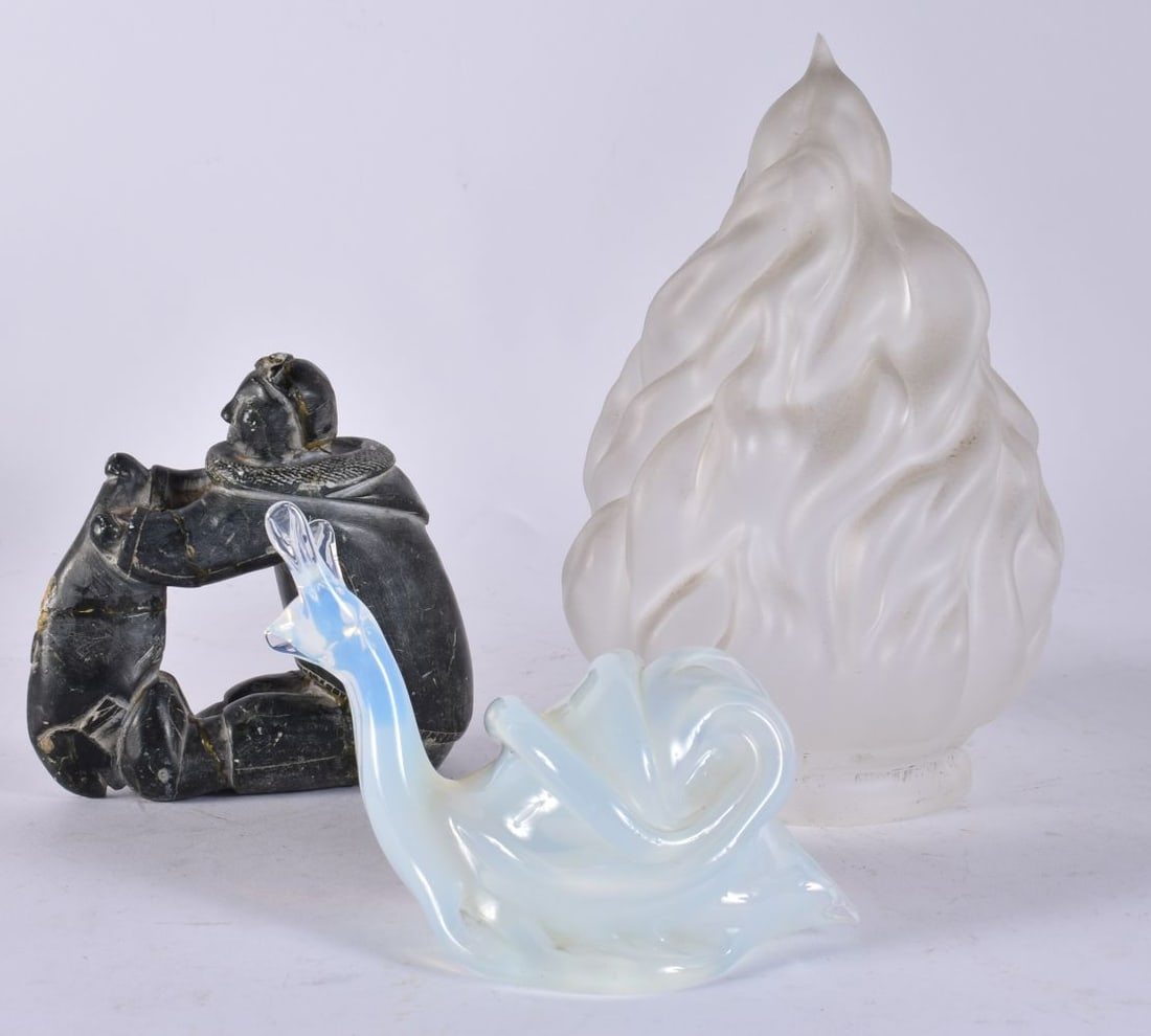 A FRENCH GLASS SNAIL together with an Inuit figure & a frosted glass shade. (3) (1 of 3)
