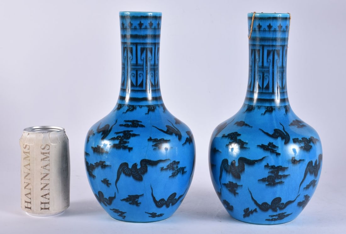 A RARE PAIR OF MINTON TURQUOISE GLAZED VASES painted in the Chinese style with bats. 27.5 cm high. (1 of 4)