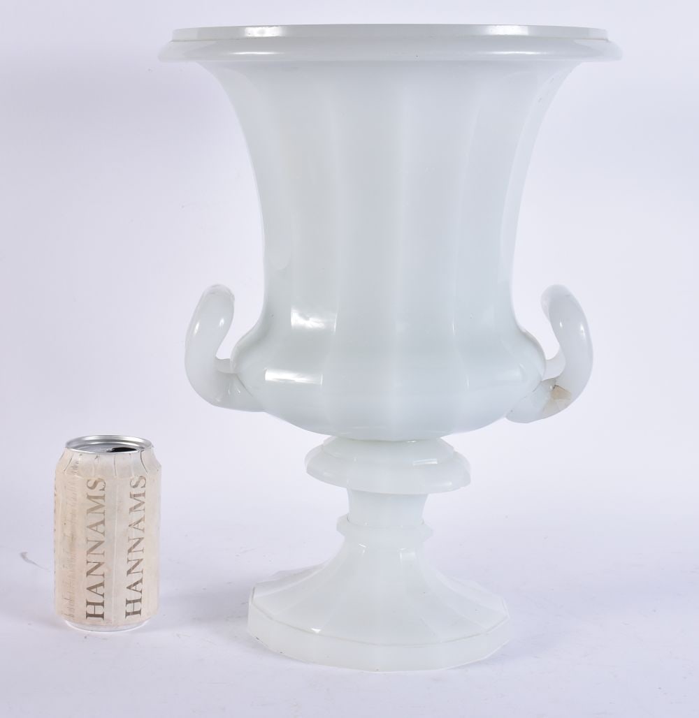 A RARE LARGE 19TH CENTURY OPALINE GLASS CAMPAGNA URN of facetted form. 37 cm x 25 cm. (1 of 5)