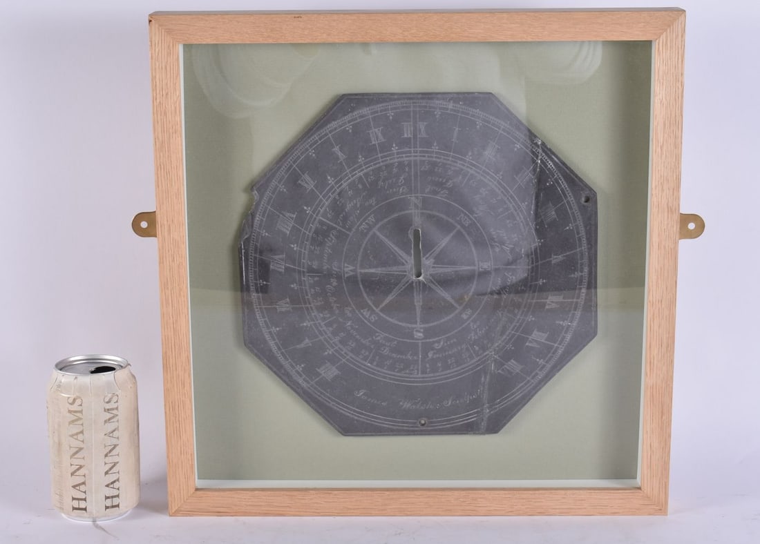 A FRAMED GEORGE III JAMES WALSH SLATE SUNDIAL. 38 cm square, slate 25.5 cm wide. (1 of 5)