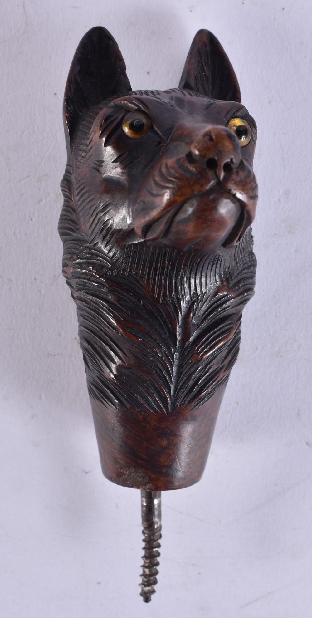 A 19TH CENTURY BAVARIAN BLACK FOREST CARVED WOOD DOG CANE HANDLE. 9 cm long excluding screw. (1 of 4)
