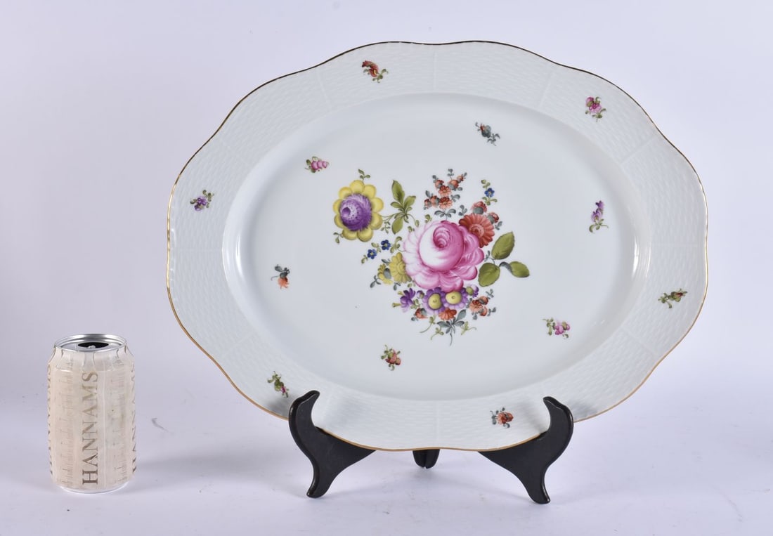A LARGE HEREND PORCELAIN OVAL DISH painted with flowers. 42 cm x 30 cm. (1 of 4)