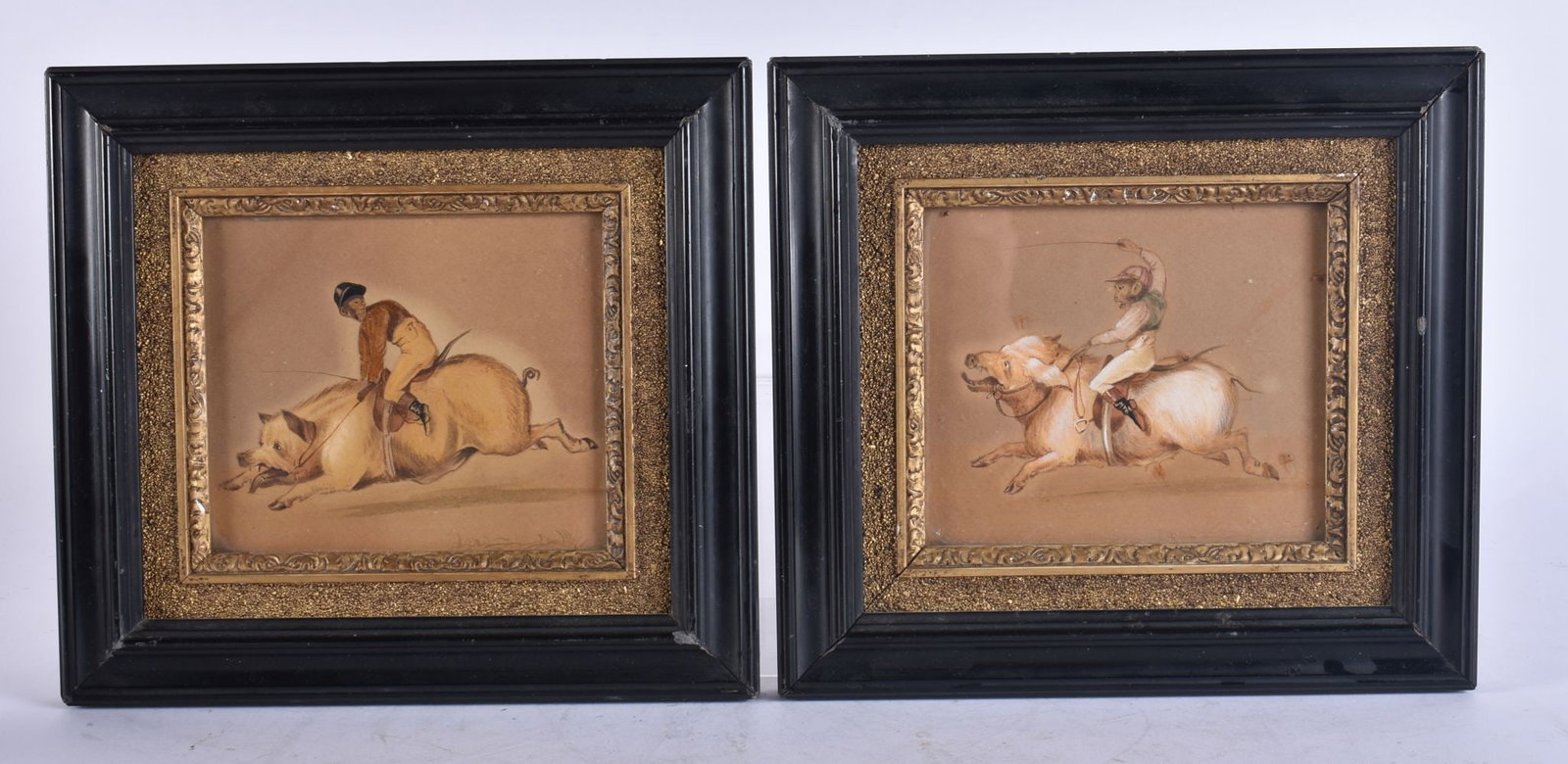 European School (19th Century) Pair, Watercolours, Monkeys riding pigs. 22 cm x 20 cm, image 13 cm x (1 of 7)