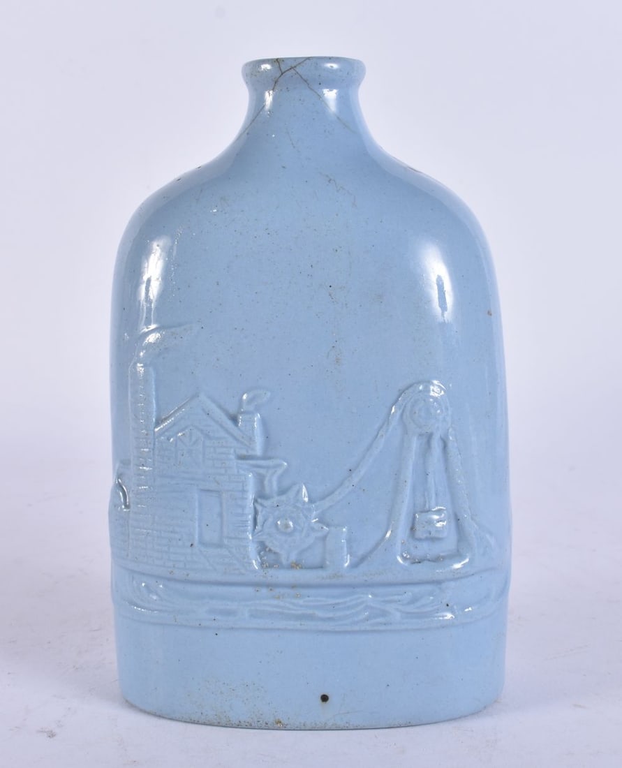 A RARE 19TH CENTURY ENGLISH LAVENDER BLUE GLAZED PORCELAIN COLLIERS ARMS SPIRIT FLASK. 16 cm x 9 cm. (1 of 4)