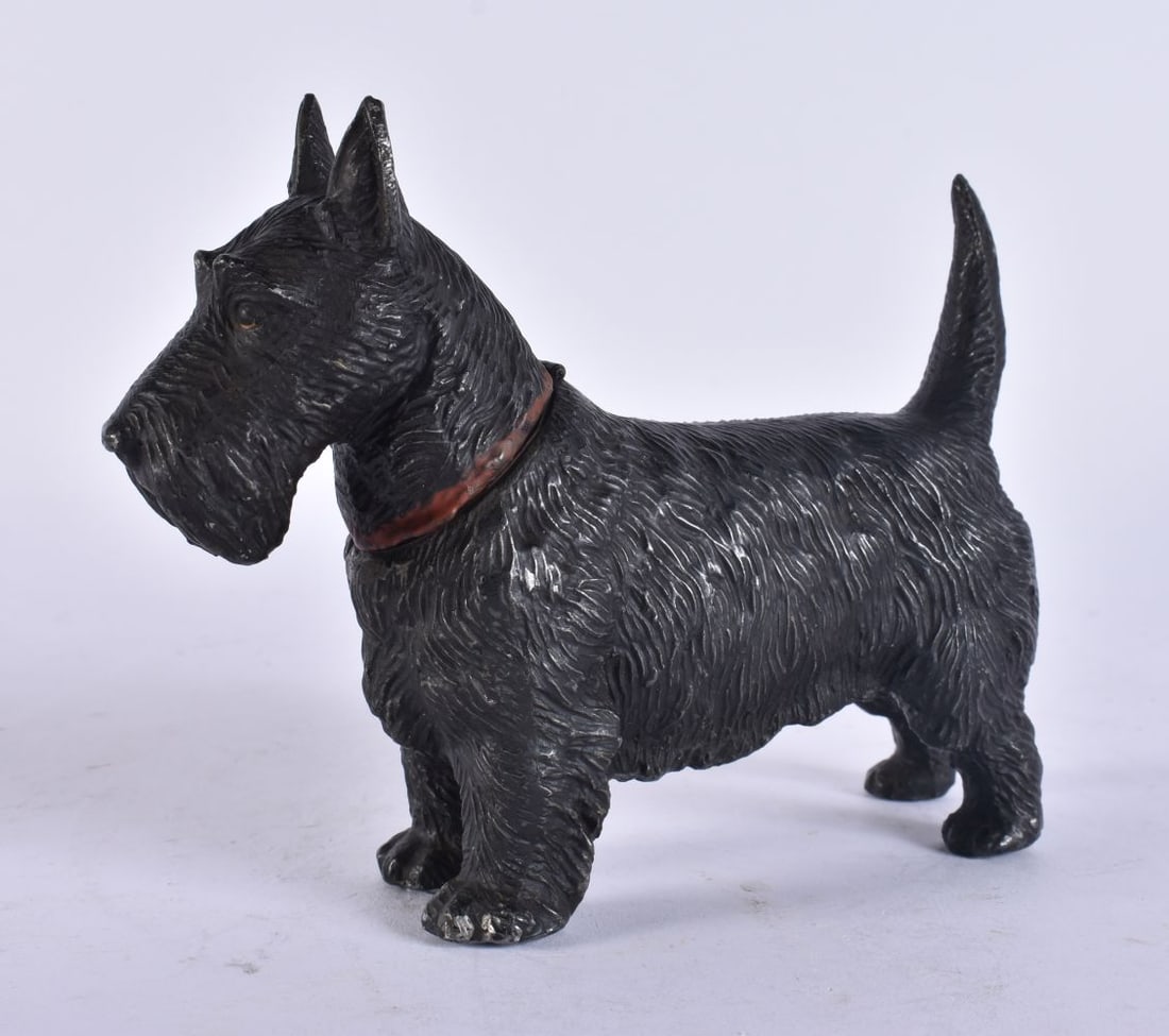 AN ART DECO NOVELTY COLD PAINTED SPELTER SCOTTIE DOG LIGHTER. 15 cm wide. (1 of 5)