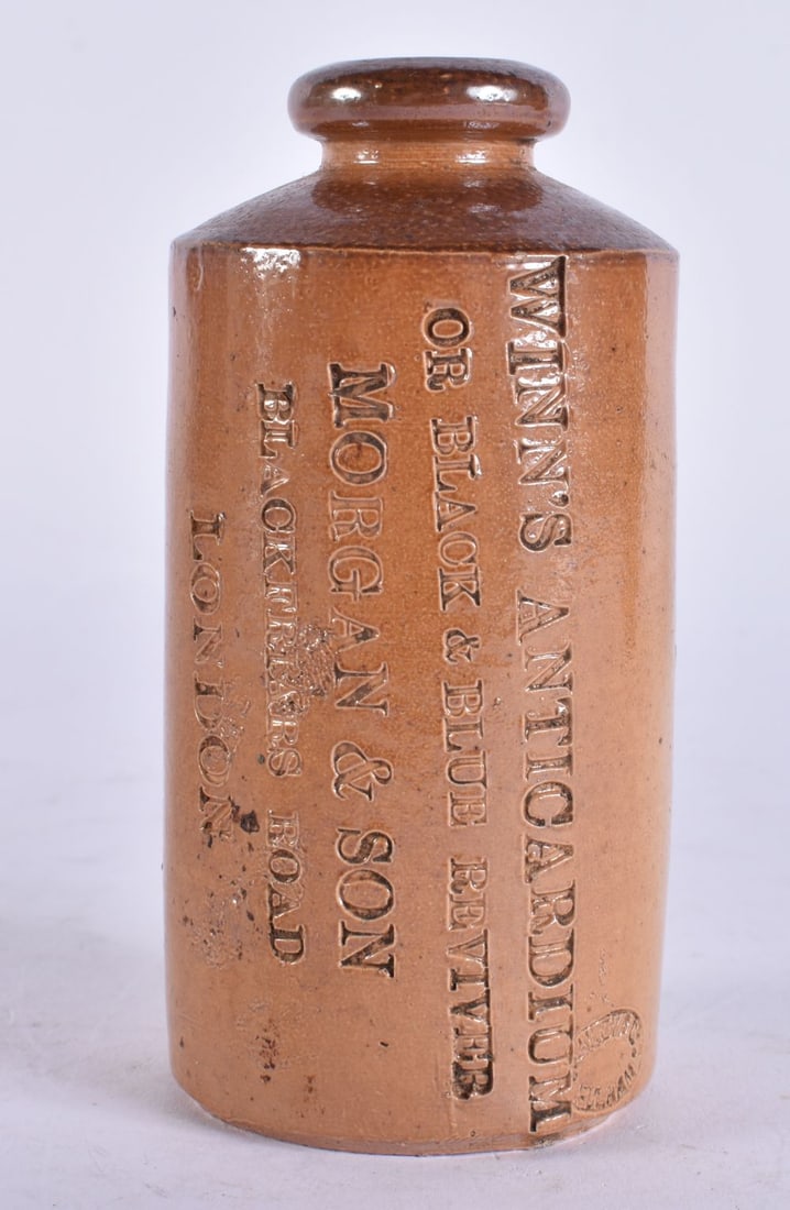 AN ANTIQUE ENGLISH LONDON FULHAM STONEWARE WINNS ANTICARDIUM JAR. 11 cm high. (1 of 3)