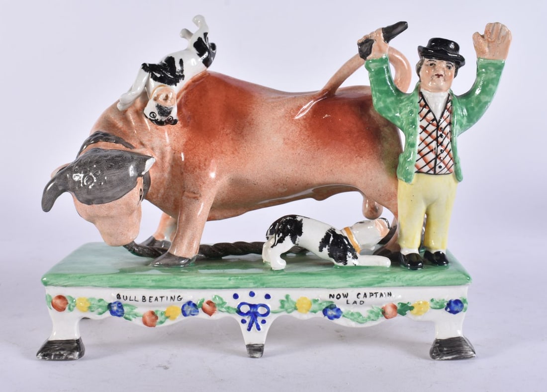 AN ANTIQUE STAFFORDSHIRE BULL BEATING CAPTAIN FIGURAL GROUP. 17 cm x 14 cm. (1 of 5)