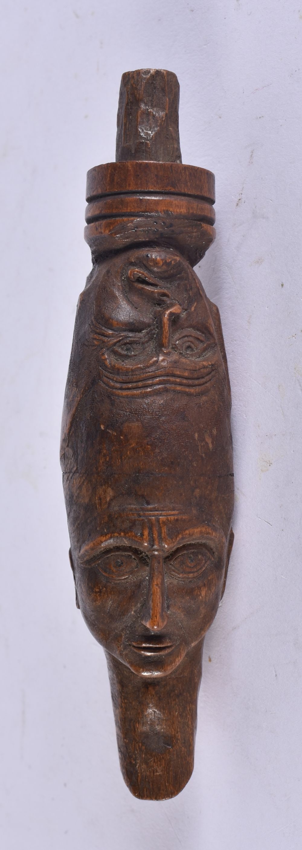 AN UNUSUAL 19TH CENTURY EUROPEAN TREEN CARVED DOUBLE NOVELTY HANDLE. 12.5 cm long. (1 of 4)