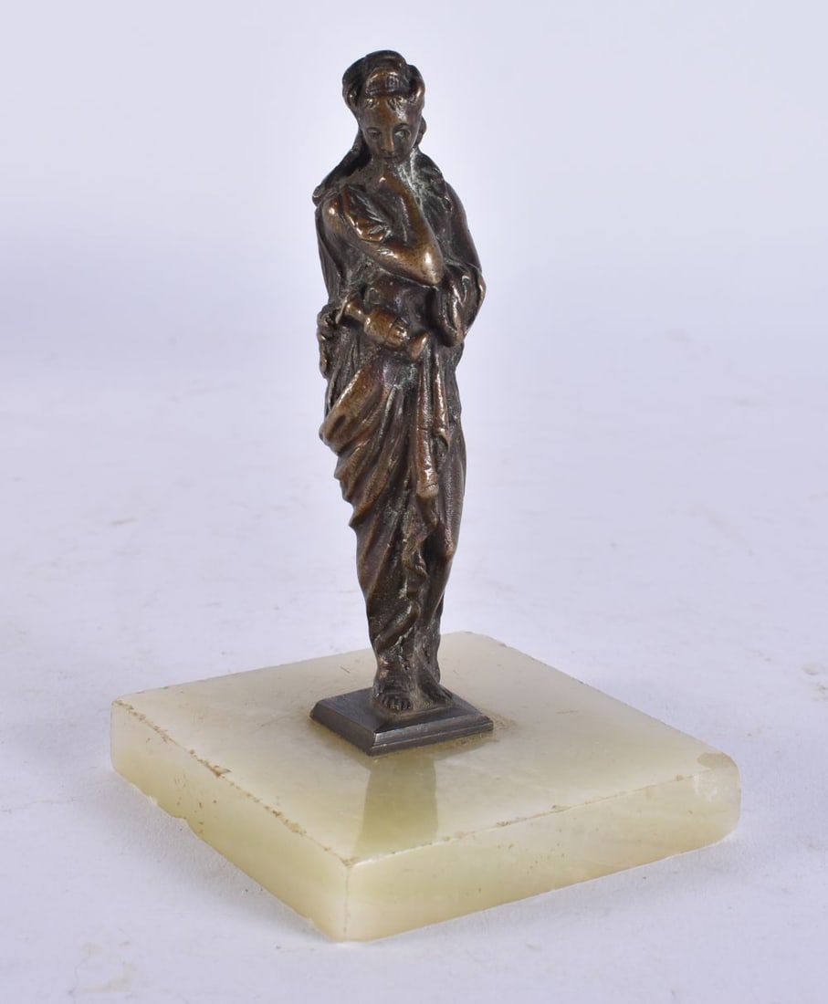 AN 18TH/19TH CENTURY EUROPEAN BRONZE FIGURE OF A FEMALE upon a later onyx base. Bronze 9.5 cm high. (1 of 6)