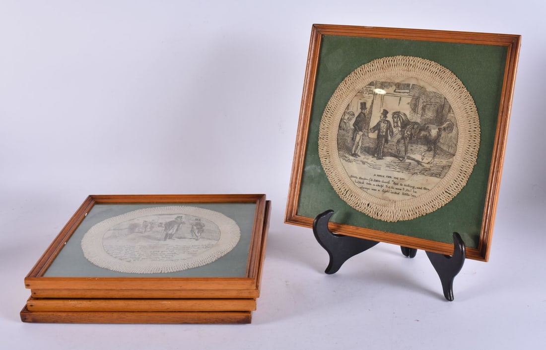 A RARE SET OF FIVE VICTORIAN EQUESTRIAN DOYLIES decorated with novelty scenes. 25 cm square. (5) (1 of 6)