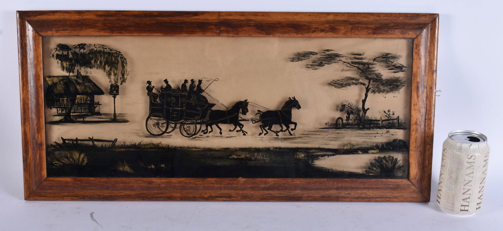 A LOVELY LARGE EARLY VICTORIAN REVERSE PAINTED GLASS PANEL painted with a coaching scene from Birmin (1 of 5)