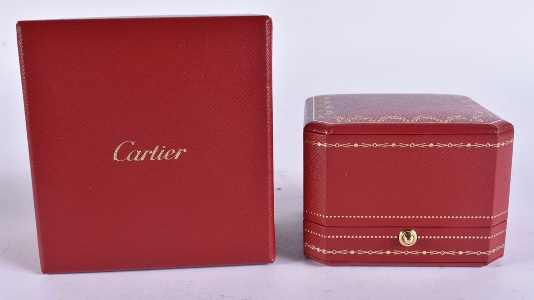 A VACANT CARTIER LEATHER JEWELLERY BOX. 9 cm x 9.5 cm. (1 of 5)