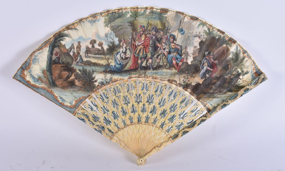 A FINE 19TH CENTURY PAINTED EUROPEAN FAN depicting a battle scene by a river. 42 cm wide open. (1 of 6)