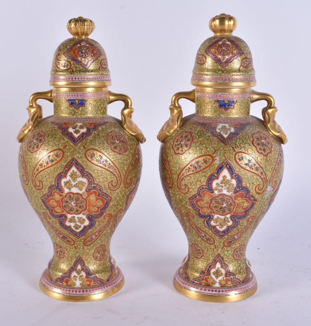 A FINE AND RARE PAIR OF 19TH CENTURY COALPORT ISLAMIC STYLE VASES AND COVERS painted with motifs. 21 (1 of 8)