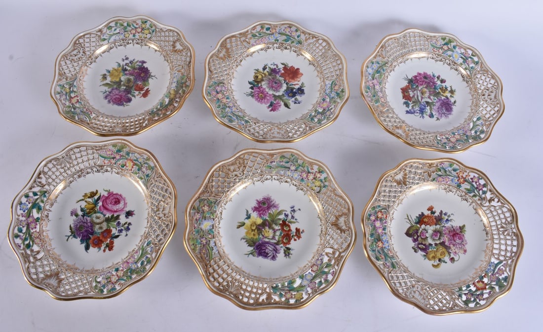 A FINE SET OF SIX 19TH CENTURY DRESDEN PORCELAIN RETICULATED PLATES painted with flowers. 21.5 cm wi (1 of 8)