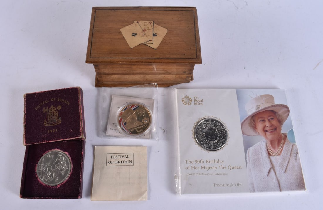AN ANTIQUE ITALIAN SORRENTOWARE CARD BOX and proof coins. (qty) (1 of 6)