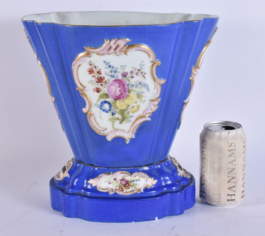 A LARGE 19TH CENTURY MEISSEN PORCELAIN VASE ON STAND painted with flowers within gilt cartouches. 27 (1 of 5)