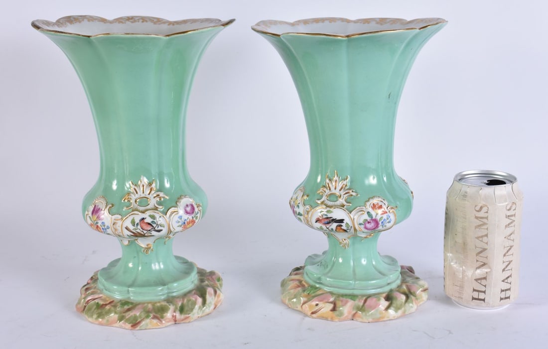 AN UNUSUAL PAIR OF 19TH CENTURY MEISSEN PORCELAIN VASES painted with birds and flowers on a lime gre (1 of 6)