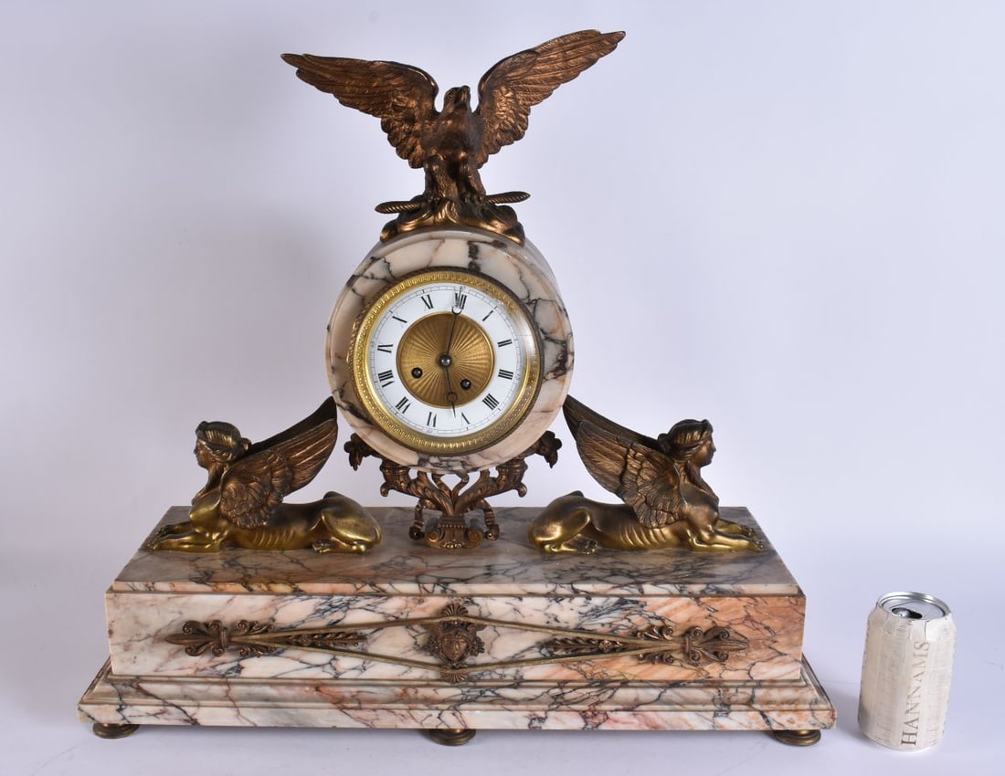 A LARGE ANTIQUE FRENCH GILT BRONZE AND MARBLE EAGLE CLOCK. 58 cm x 48 cm. (1 of 8)