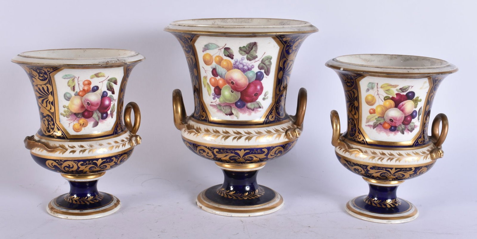 A SET OF THREE EARLY 19TH CENTURY ENGLISH DERBY VASES painted with still lives. Largest 21 cm x 15 c: A SET OF THREE EARLY 19TH CENTURY ENGLISH DERBY VASES painted with still lives. Largest 21 cm x 15 cm. (3)