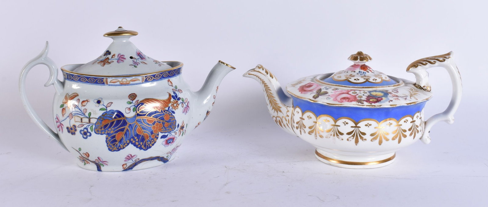 TWO MID 19TH CENTURY ENGLISH PORCELAIN TEAPOTS. Largest 24 cm wide. (2) (1 of 6)