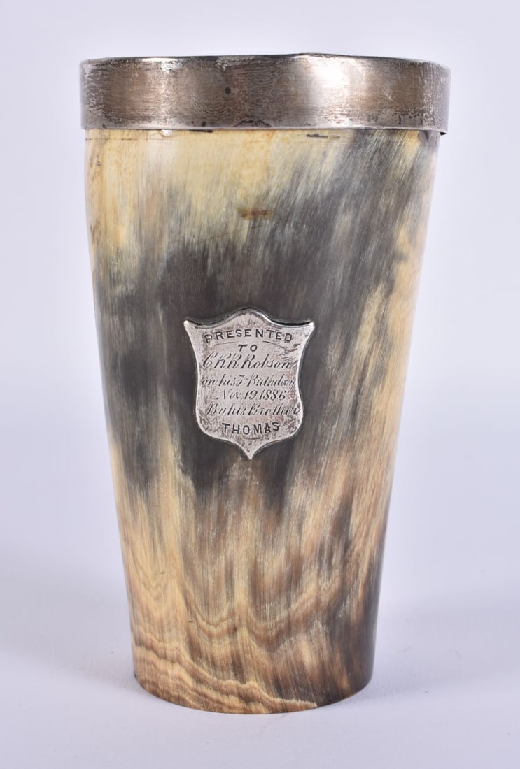 A VICTORIAN HORN SILVER PRESENTATION HUNTING BEAKER. 13.5 cm high. (1 of 4)