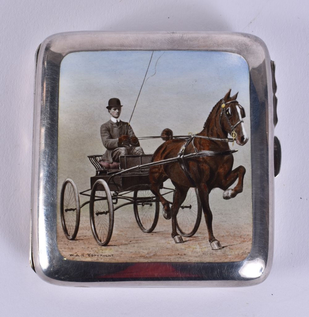 A FINE ANTIQUE SILVER AND ENAMEL CIGARETTE CASE painted with a horse and cart. 120 grams. 8.5 cm x 8 (1 of 5)